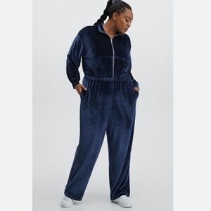 Fabletics Velour Zip-Up Wide Leg Jumpsuit Women Size 3X Navy Blue